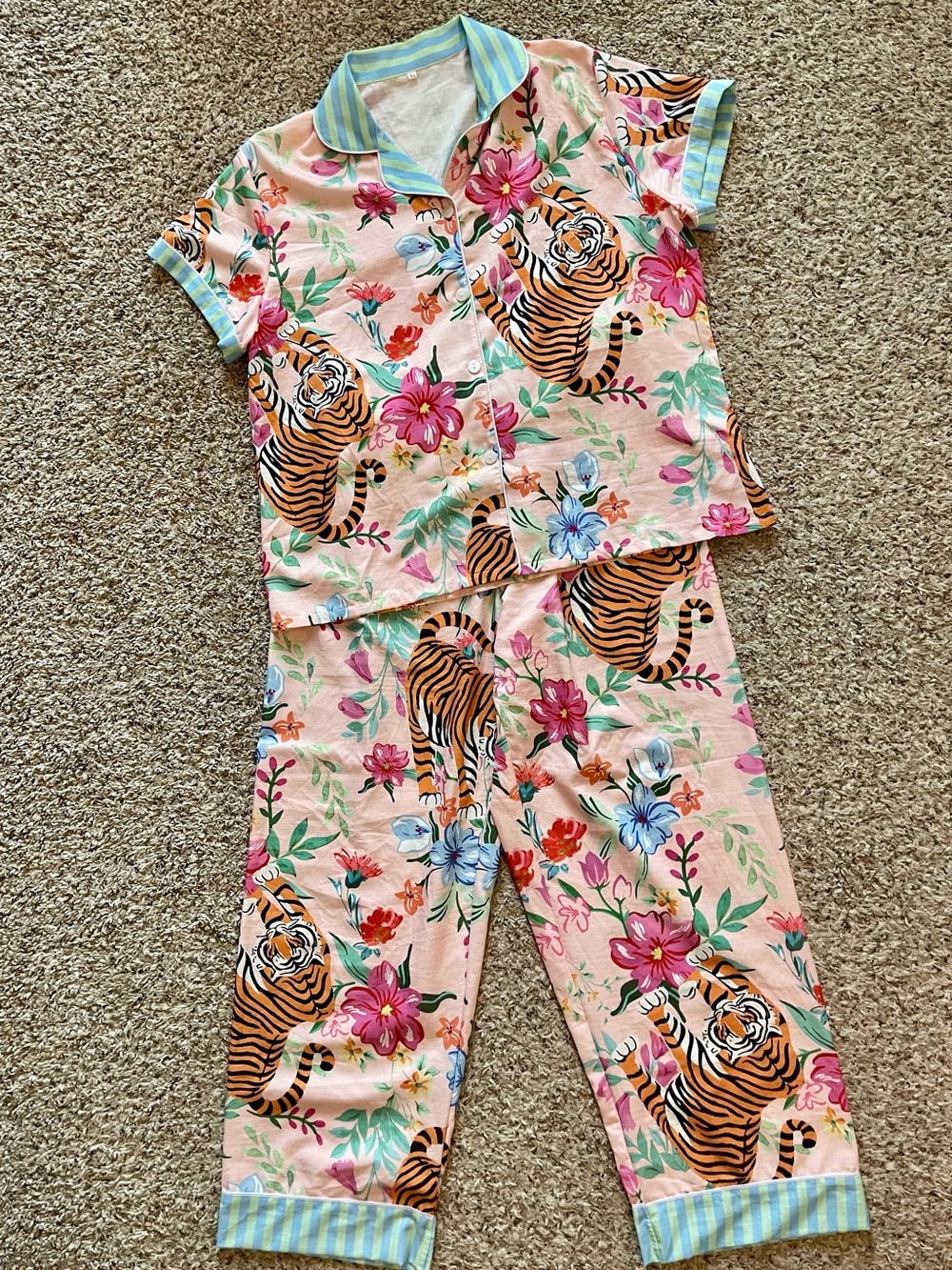 Ladies Floral & Tiger Print Pink Pajama Set